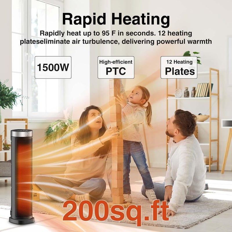 VOCRS Space Heater for Indoor Use with Remote - 70° Oscillating Tower Electric Heater, 24 Inchs, 12H Timer, 1500W Quiet PTC Ceramic Heating with Thermostat, Fast Safety Heat for Office, Home, Bedroom - Image 2